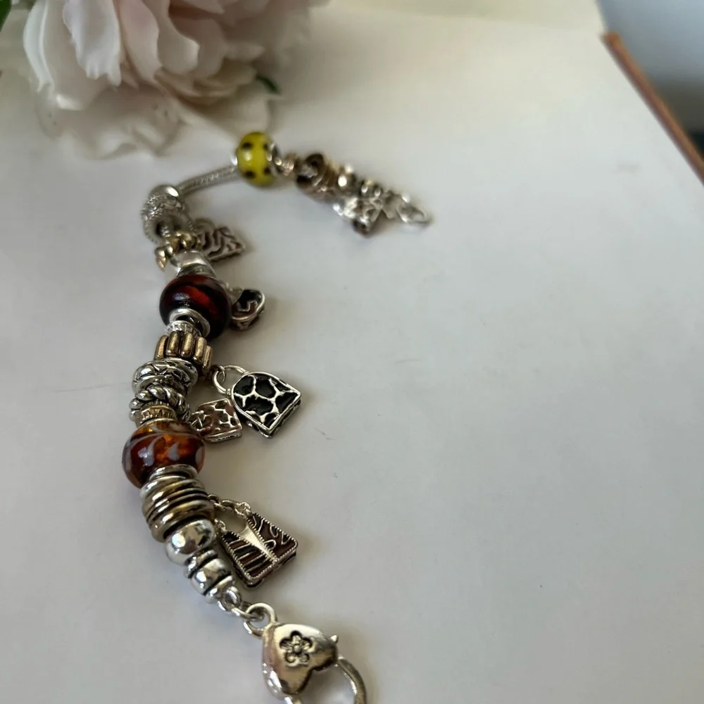 Elegant Silver and Brown Charm Bracelet